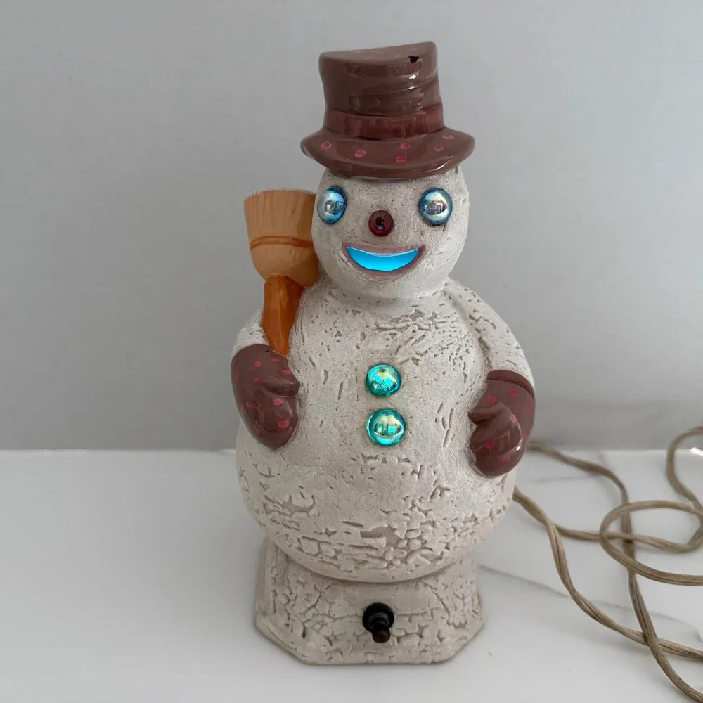 Vtg Holland Mold Lighted Ceramic Snowman + Base Hat Broom Hand Painted 9